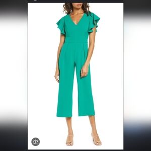 Eliza J Crepe Ruffle Sleeve Green Wide Cropped Leg Jumpsuit 12 Plus